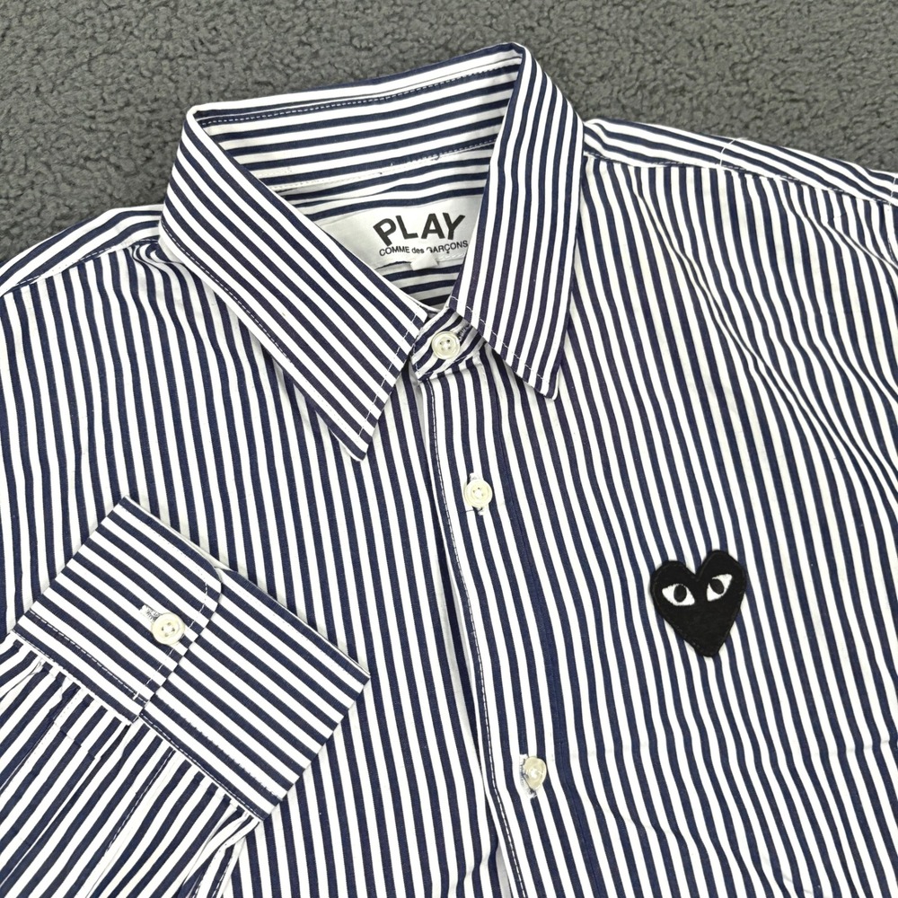 Comme des Garcons Shirt Men Large Blue Stripe Heart Logo Button Up Japan AZ-T085